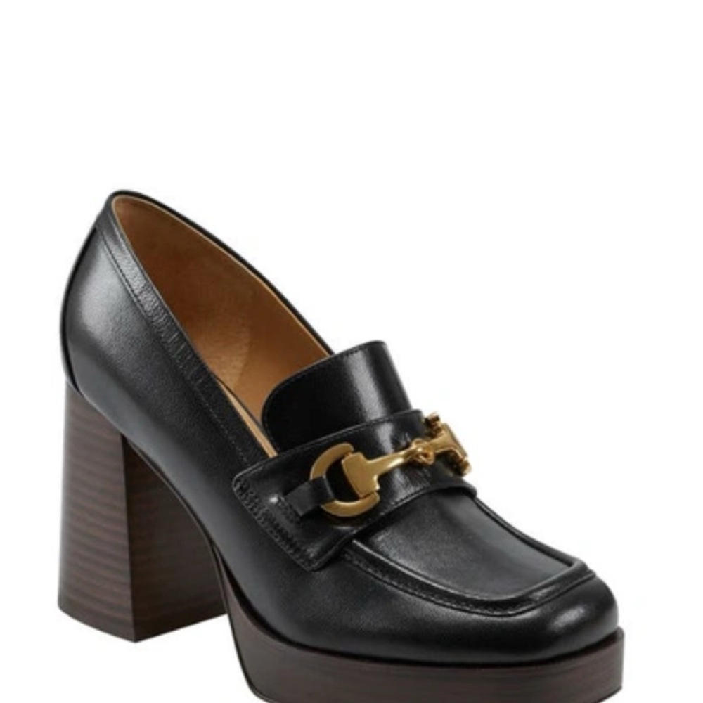 Black Leather Block Heel Loafers by Marc Fisher